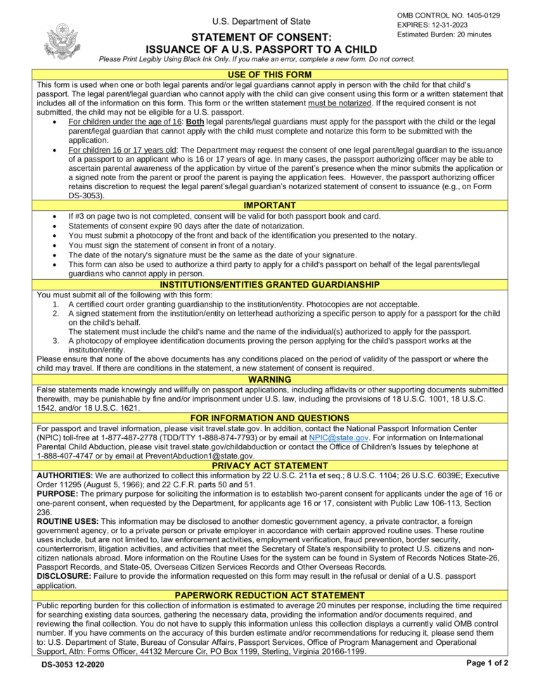 Passport Parental Consent Form Ds Eforms Uspassportform Net