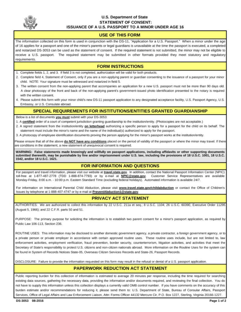 Passport Parental Consent Form Ds 3053 Eforms Free Fillable Forms