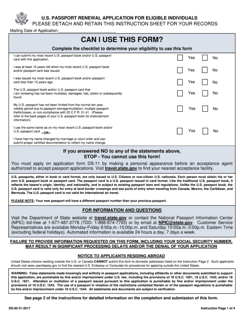 Ds 82 Form 2017 2019 Printable Fillable Us Passport Renewal 