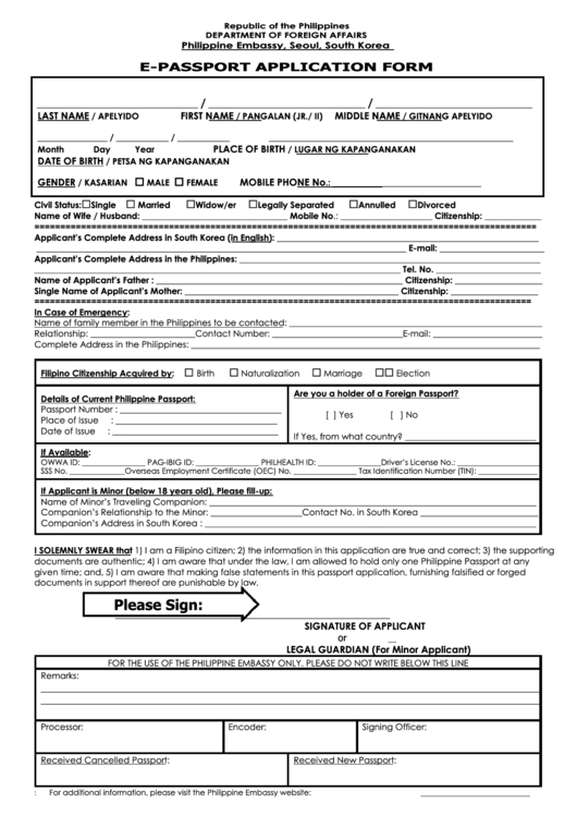 E Passport Application Form Republic Of The Philippines Department 