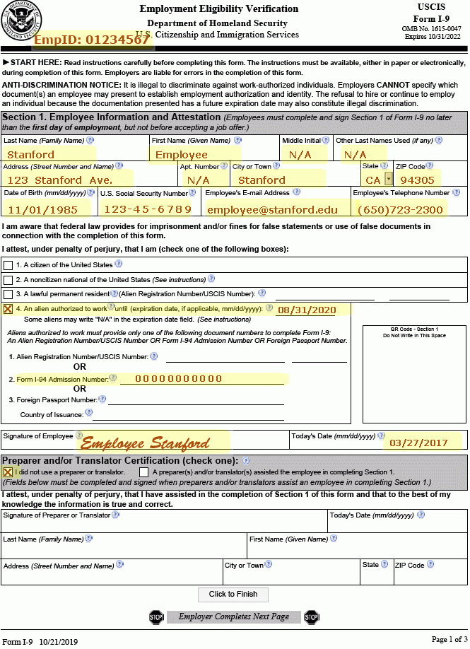 Examples Of Completed Form I 9