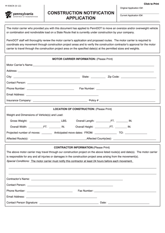 Fillable Form M 936 Cn Application Construction Notification 