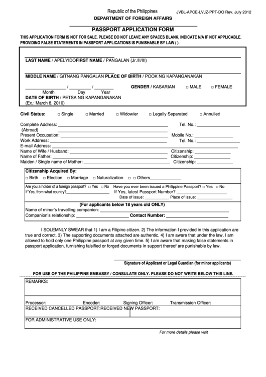 Fillable Passport Application Form Republic Of The Philippines