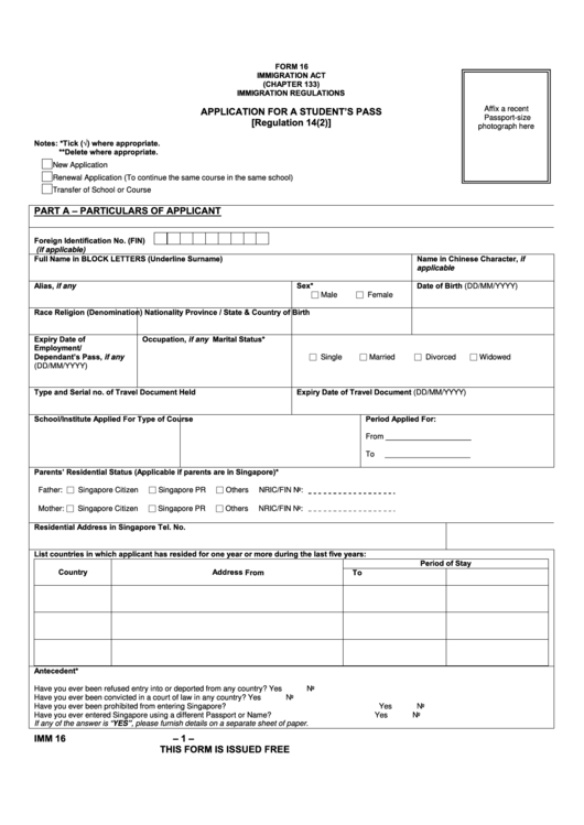 Form 16 Application For A Student S Pass Printable Pdf Download