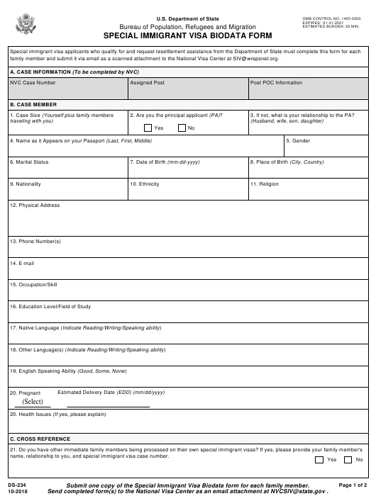 Form DS 234 Download Fillable PDF Or Fill Online Special Immigrant Visa 