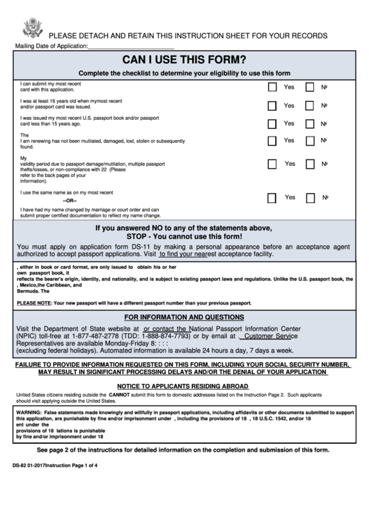 Form Ds 82 U s Passport Renewal Application For Eligible Individuals