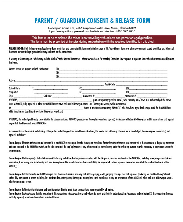 FREE 8 Sample Parent Release Forms In MS Word PDF