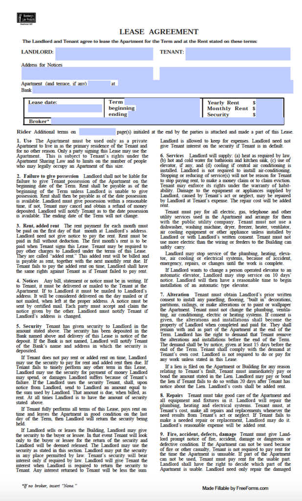 Free New York Standard Residential Lease Agreement Template PDF WORD