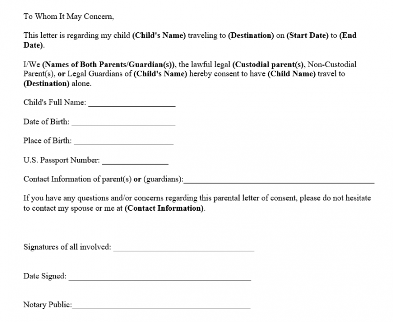 Letter Of Consent To Travel With One Parent Template Forms