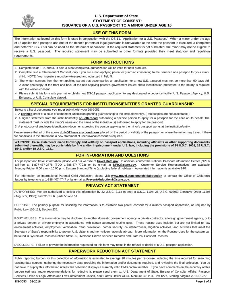 Passport Parental Consent Form Ds 3053 Eforms Free Fillable Forms 