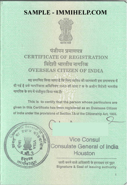 Sample OCI Card India Registration Booklet