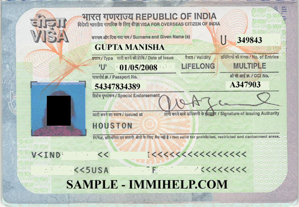 Sample U Visa Stamp For OCI Card India