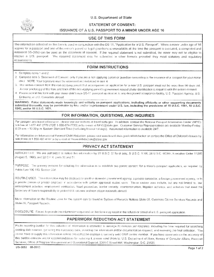 Statement Of Consent Issuance Of A U S Passport To A Minor Under Age