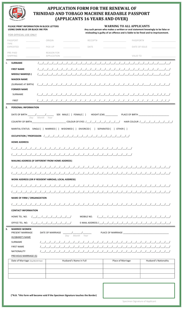 Trinidad And Tobago Application Form For The Renewal Of Printable 